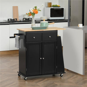 CARRELLO DA CUCINA CON ARMADIETTO 2 CASSETTI E PORTASPEZIE ISOLA DA CUCINA IN LEGNO 89X45X89.5 CM NERO