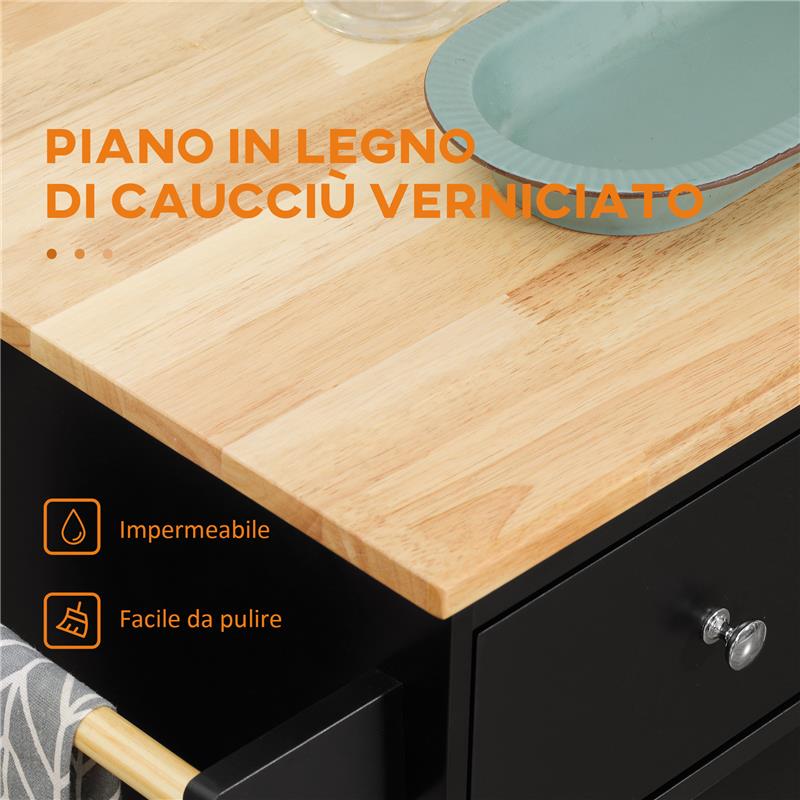 CARRELLO DA CUCINA CON ARMADIETTO 2 CASSETTI E PORTASPEZIE ISOLA DA CUCINA IN LEGNO 89X45X89.5 CM NERO