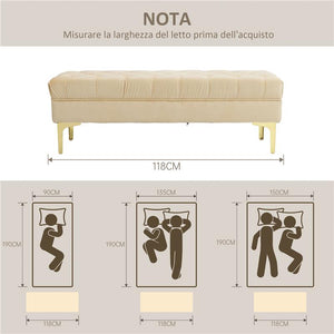 PANCA FONDO LETTO IMBOTTITA CON RIVESTIMENTO TRAPUNTATO IN TESSUTO EFFETTO VELLUTO 118X45X42 CM BEIGE