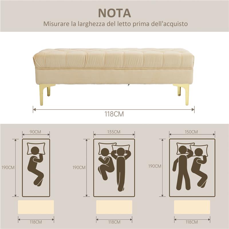 PANCA FONDO LETTO IMBOTTITA CON RIVESTIMENTO TRAPUNTATO IN TESSUTO EFFETTO VELLUTO 118X45X42 CM BEIGE