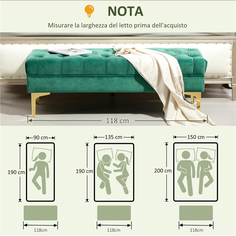 PANCA FONDO LETTO IMBOTTITA CON RIVESTIMENTO TRAPUNTATO IN TESSUTO EFFETTO VELLUTO 118X45X42 CM VERDE SCURO
