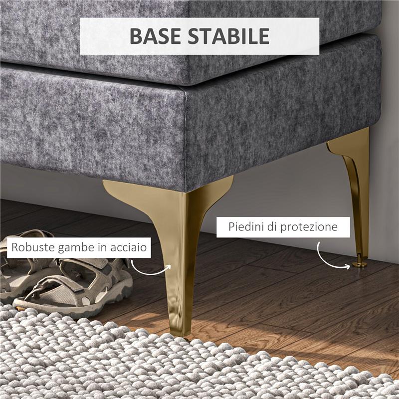 PANCA FONDO LETTO A 2 STRATI IN TESSUTO EFFETTO VELLUTO E ACCIAIO 121X50.5X46.5 CM GRIGIO SCURO E ORO