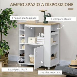 CARRELLO DA CUCINA CON ARMADIETTO E RIPIANI REGOLABILI RUOTE GIREVOLI E FRENO 75X39.5X88 CM BIANCO