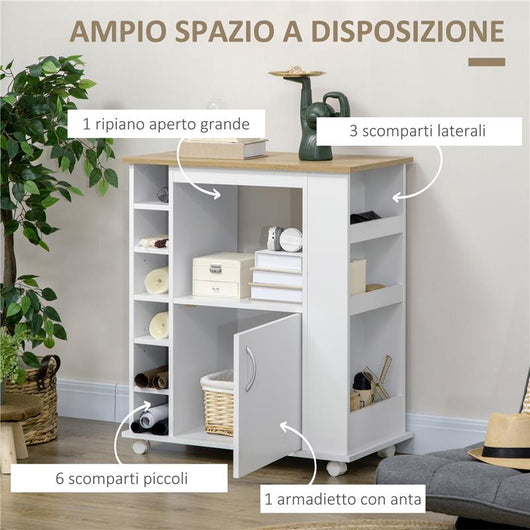 CARRELLO DA CUCINA CON ARMADIETTO E RIPIANI REGOLABILI RUOTE GIREVOLI E FRENO 75X39.5X88 CM BIANCO