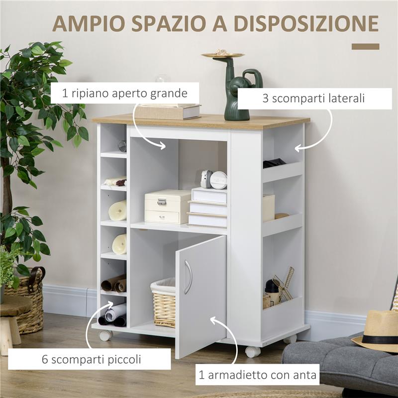 CARRELLO DA CUCINA CON ARMADIETTO E RIPIANI REGOLABILI RUOTE GIREVOLI E FRENO 75X39.5X88 CM BIANCO
