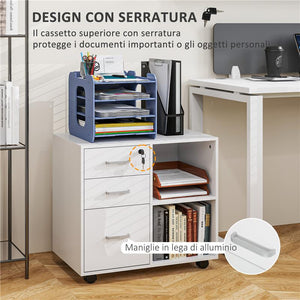 CASSETTIERA PORTADOCUMENTI DA UFFICIO CON 3 CASSETTI RUOTE SERRATURA E CHIAVI 60X40X56 CM BIANCO