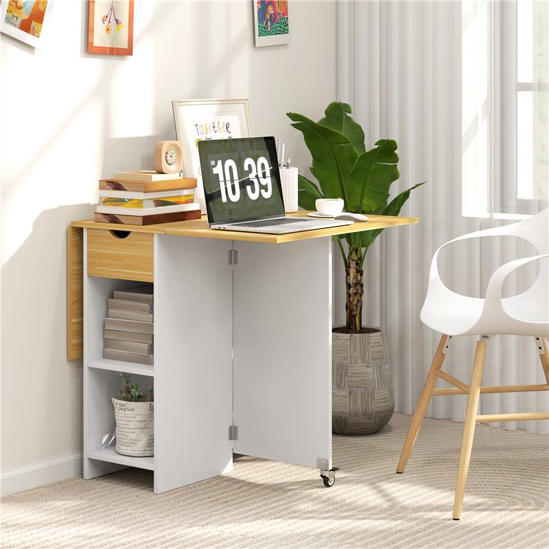 TAVOLO DA PRANZO PIEGHEVOLE PER 2-4 PERSONE CON 2 RIBALTE, CASSETTO E RIPIANI, QUERCIA