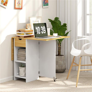 TAVOLO DA PRANZO PIEGHEVOLE PER 2-4 PERSONE CON 2 RIBALTE, CASSETTO E RIPIANI, QUERCIA