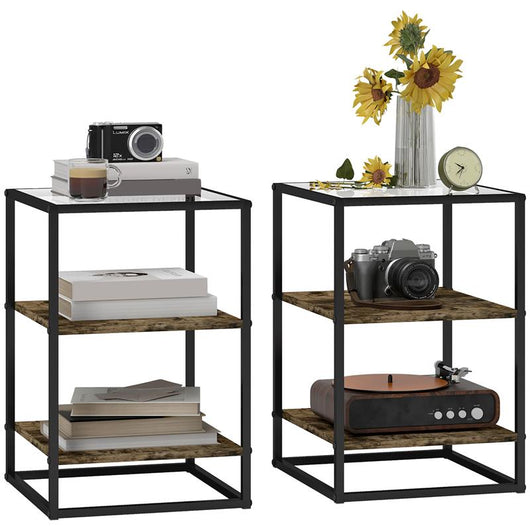 SET 2 TAVOLINI DA SOGGIORNO A 3 LIVELLI IN LEGNO E METALLO CON PIANO IN VETRO TEMPERATO 37X40X55.5 CM MARRONE