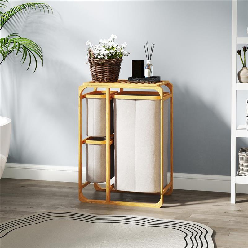 CESTINO PORTABIANCHERIA IN BAMBÙ CON 3 SACCHI E RIPIANI ESTRAIBILI IN TESSUTO 50X32X69.7 CM COLOR BAMBÙ E CREMA