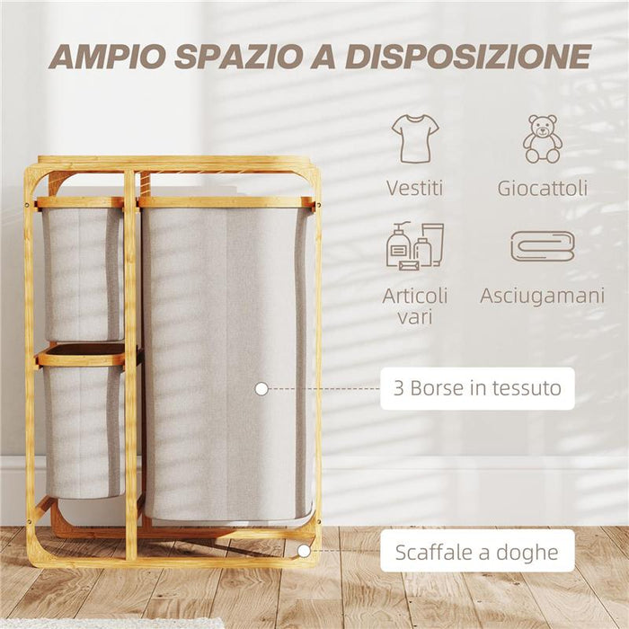 CESTINO PORTABIANCHERIA IN BAMBÙ CON 3 SACCHI E RIPIANI ESTRAIBILI IN TESSUTO 50X32X69.7 CM COLOR BAMBÙ E CREMA