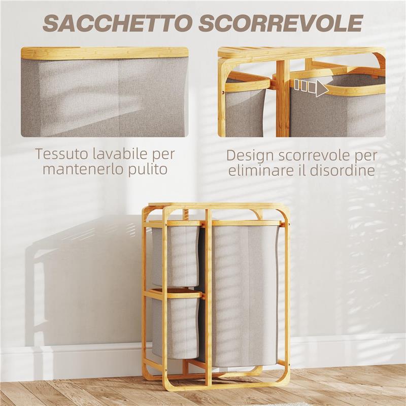CESTINO PORTABIANCHERIA IN BAMBÙ CON 3 SACCHI E RIPIANI ESTRAIBILI IN TESSUTO 50X32X69.7 CM COLOR BAMBÙ E CREMA