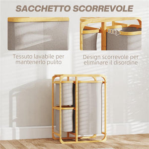 CESTINO PORTABIANCHERIA IN BAMBÙ CON 3 SACCHI E RIPIANI ESTRAIBILI IN TESSUTO 50X32X69.7 CM COLOR BAMBÙ E CREMA