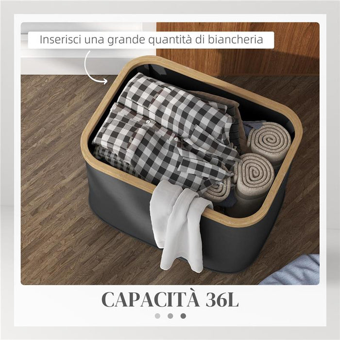 CESTO PORTABIANCHERIA DA 36L PIEGHEVOLE CON MANIGLIE IN BAMBÙ E POLIESTERE 44.3X33.3X26.5 CM NERO