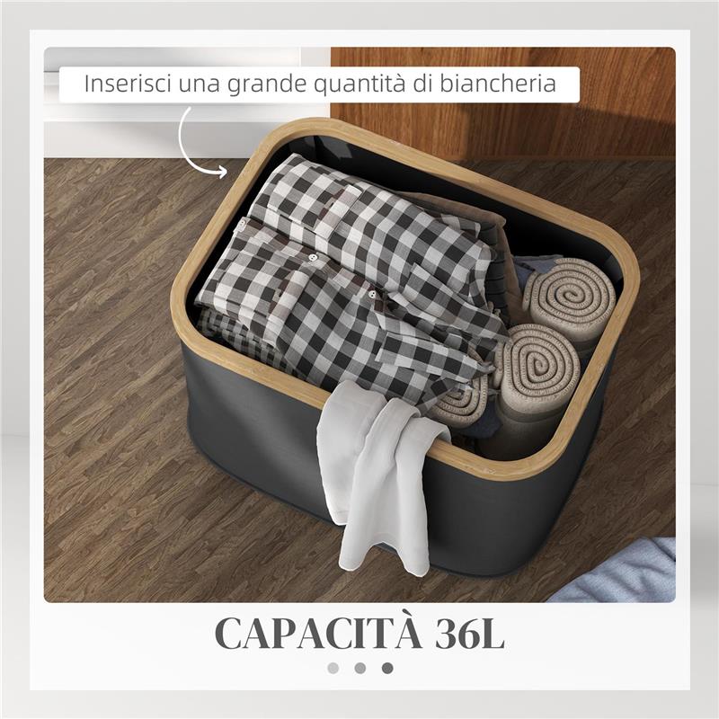 CESTO PORTABIANCHERIA DA 36L PIEGHEVOLE CON MANIGLIE IN BAMBÙ E POLIESTERE 44.3X33.3X26.5 CM NERO