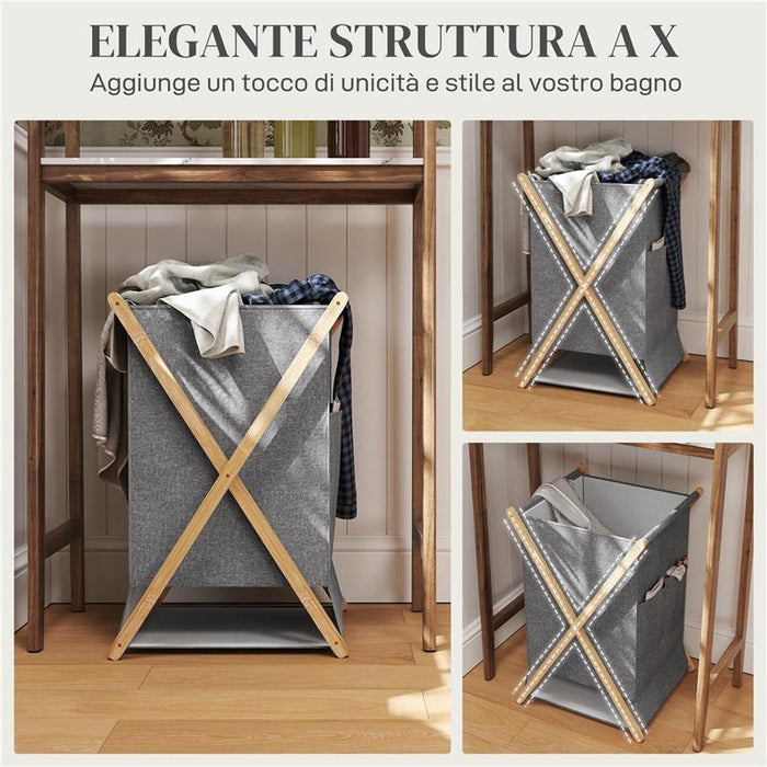 CESTO PORTABIANCHERIA PIEGHEVOLE 55L IN TESSUTO E TELAIO 41X41X64 CM IN BAMBÙ LEGNO E GRIGIO