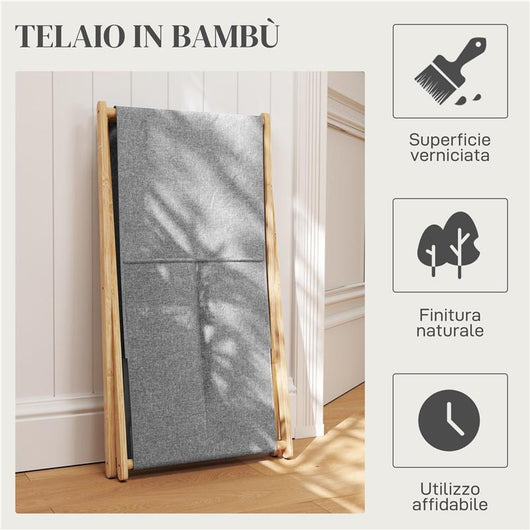 CESTO PORTABIANCHERIA PIEGHEVOLE 55L IN TESSUTO E TELAIO 41X41X64 CM IN BAMBÙ LEGNO E GRIGIO