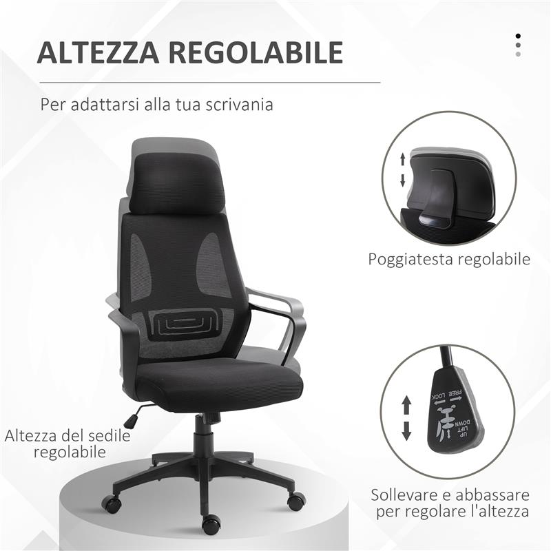 SEDIA DA UFFICIO RECLINABILE CON POGGIATESTA E SUPPORTO LOMBARE IN POLIESTERE 64X55X116-126 CM NERO