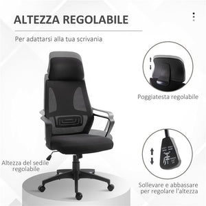 SEDIA DA UFFICIO RECLINABILE CON POGGIATESTA E SUPPORTO LOMBARE IN POLIESTERE 64X55X116-126 CM NERO