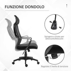SEDIA DA UFFICIO RECLINABILE CON POGGIATESTA E SUPPORTO LOMBARE IN POLIESTERE 64X55X116-126 CM NERO