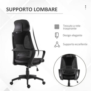 SEDIA DA UFFICIO RECLINABILE CON POGGIATESTA E SUPPORTO LOMBARE IN POLIESTERE 64X55X116-126 CM NERO