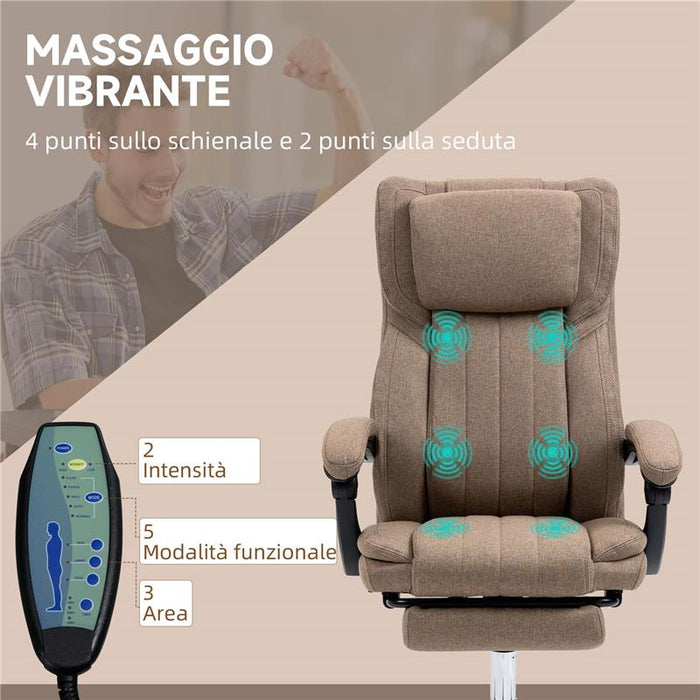 SEDIA DA UFFICIO MASSAGGIANTE CON POGGIAPIEDI E TELECOMANDO IN TESSUTO EFFETTO LINO 65X61X105-113 CM MARRONE