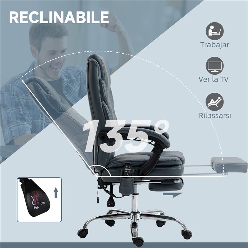 SEDIA DA UFFICIO MASSAGGIANTE E RISCALDANTE CON POGGIAPIEDI IN PELLE PU E ACCIAIO 67X67X113-121 CM GRIGIO