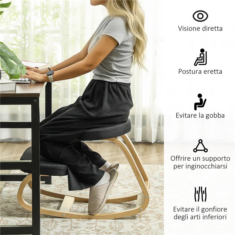 SEDIA INGINOCCHIATOIO CON MOVIMENTO A DONDOLO IN TESSUTO EFFETTO LINO E LEGNO DI BETULLA 50X73X55 CM NERO