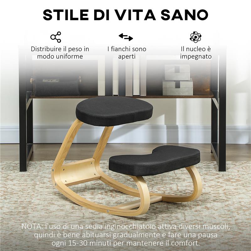 SEDIA INGINOCCHIATOIO CON MOVIMENTO A DONDOLO IN TESSUTO EFFETTO LINO E LEGNO DI BETULLA 50X73X55 CM NERO