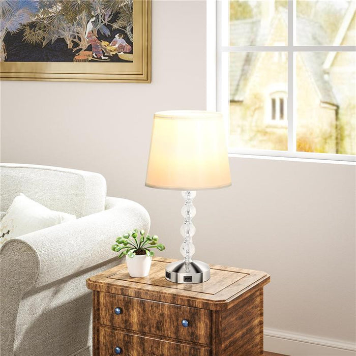 LAMPADA DA TAVOLO CON CRISTALLI E PORTA USB IN METALLO VETRO E POLIESTERE Ø 23X45 CM BIANCO E ARGENTO