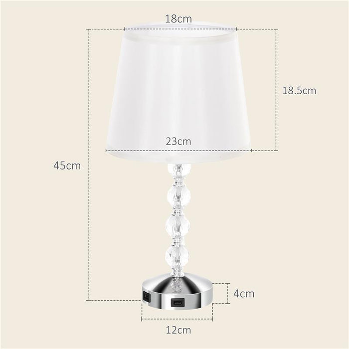 LAMPADA DA TAVOLO CON CRISTALLI E PORTA USB IN METALLO VETRO E POLIESTERE Ø 23X45 CM BIANCO E ARGENTO