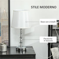 LAMPADA DA TAVOLO CON CRISTALLI E PORTA USB IN METALLO VETRO E POLIESTERE Ø 23X45 CM BIANCO E ARGENTO