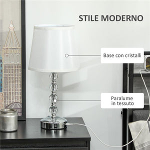 LAMPADA DA TAVOLO CON CRISTALLI E PORTA USB IN METALLO VETRO E POLIESTERE Ø 23X45 CM BIANCO E ARGENTO