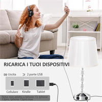 LAMPADA DA TAVOLO CON CRISTALLI E PORTA USB IN METALLO VETRO E POLIESTERE Ø 23X45 CM BIANCO E ARGENTO