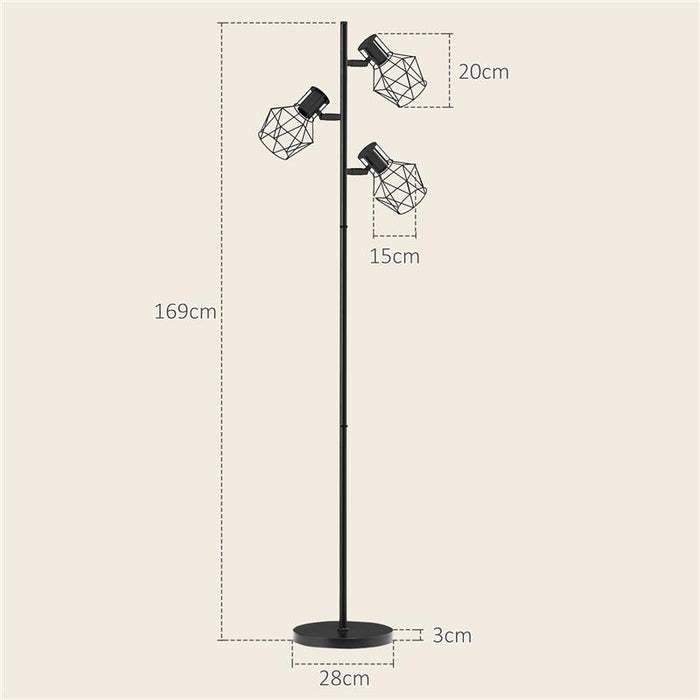 LAMPADA DA TERRA 40W CON 3 LUCI REGOLABILI E INTERRUTTORE A MANOPOLA IN METALLO 41X28X169 CM NERO