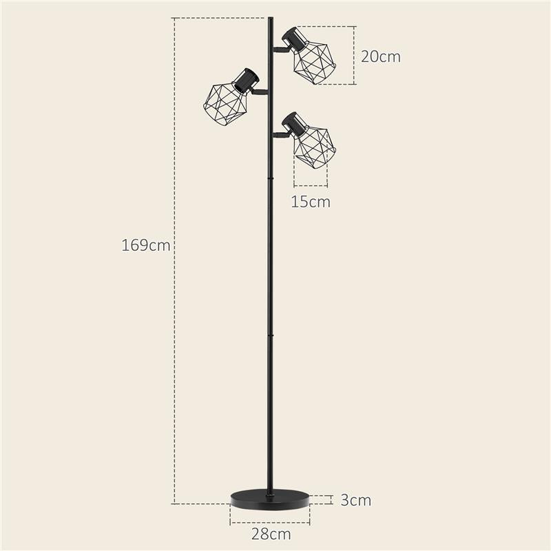LAMPADA DA TERRA 40W CON 3 LUCI REGOLABILI E INTERRUTTORE A MANOPOLA IN METALLO 41X28X169 CM NERO