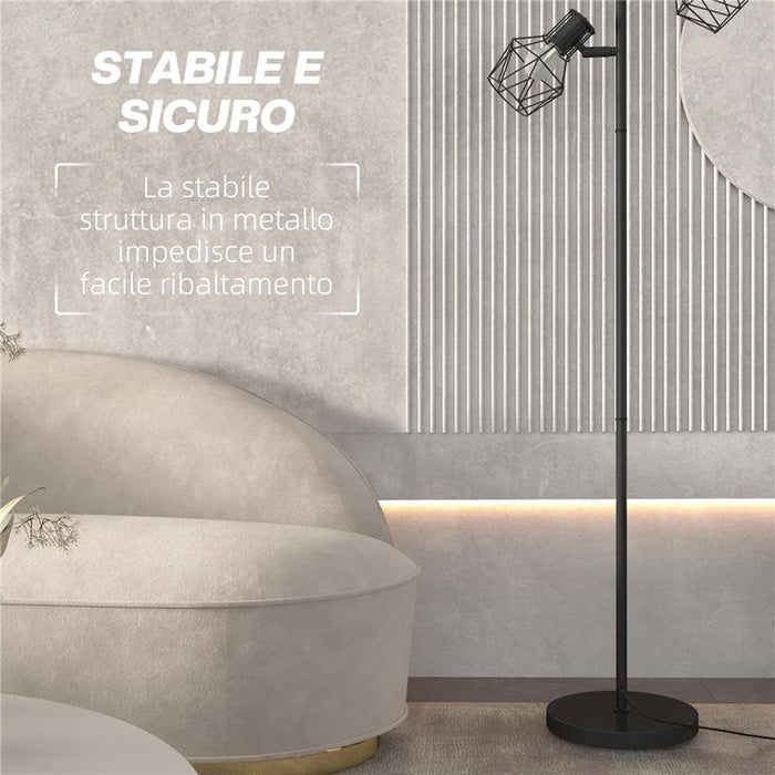 LAMPADA DA TERRA 40W CON 3 LUCI REGOLABILI E INTERRUTTORE A MANOPOLA IN METALLO 41X28X169 CM NERO