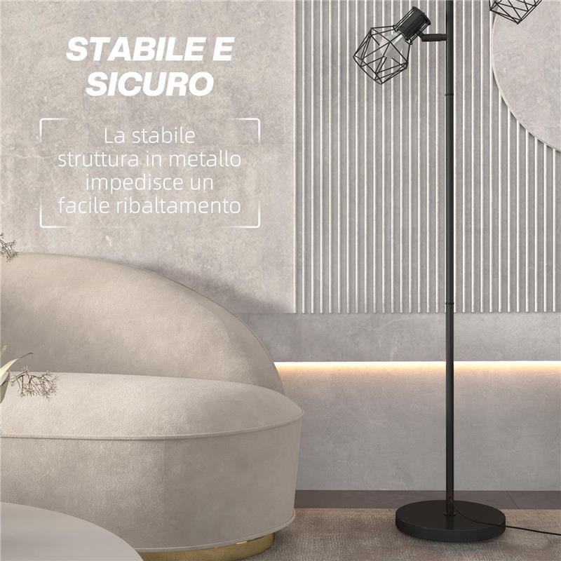 LAMPADA DA TERRA 40W CON 3 LUCI REGOLABILI E INTERRUTTORE A MANOPOLA IN METALLO 41X28X169 CM NERO