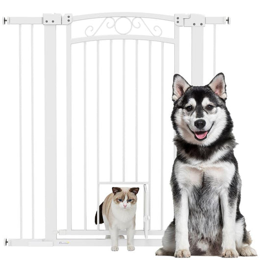 CANCELLINO PER CANI REGOLABILE CON ESTENSIONI E PORTA PER GATTI 76-104X106 CM BIANCO