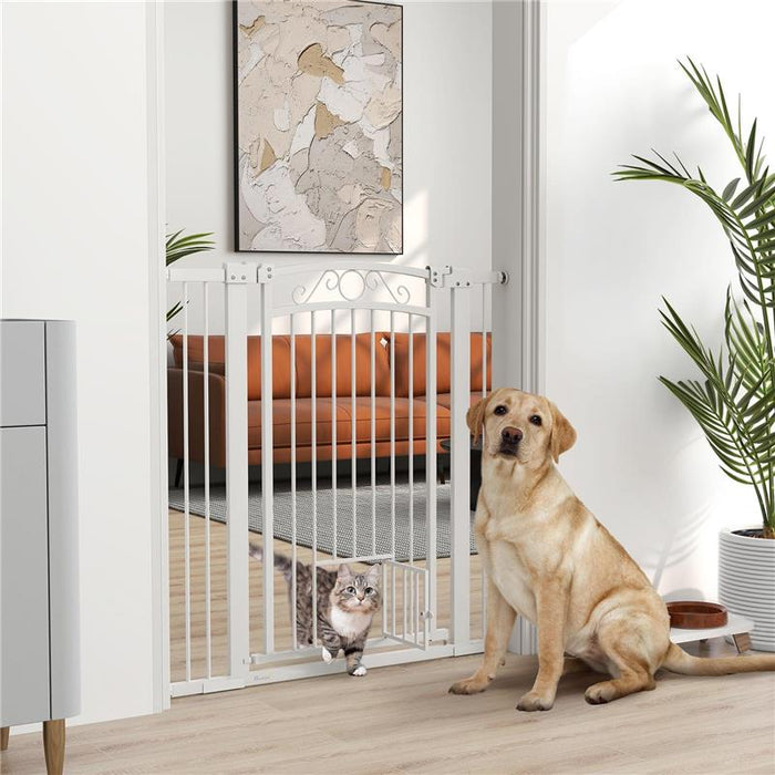 CANCELLINO PER CANI REGOLABILE CON ESTENSIONI E PORTA PER GATTI 76-104X106 CM BIANCO