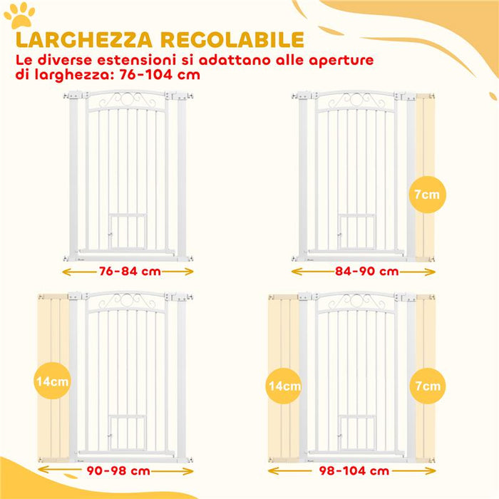 CANCELLINO PER CANI REGOLABILE CON ESTENSIONI E PORTA PER GATTI 76-104X106 CM BIANCO