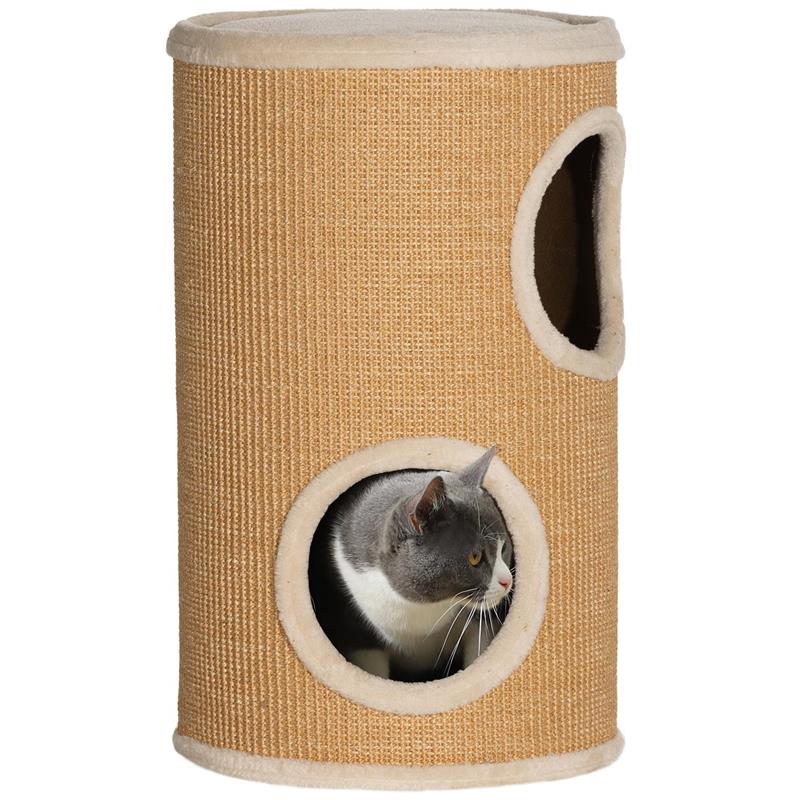 TORRE TIRAGRAFFI PER GATTI A 2 LIVELLI IN SISAL CON CASETTE IN PELUCHE PER 1-2 GATTI, MARRONE