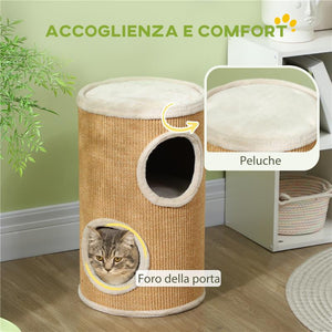 TORRE TIRAGRAFFI PER GATTI A 2 LIVELLI IN SISAL CON CASETTE IN PELUCHE PER 1-2 GATTI, MARRONE