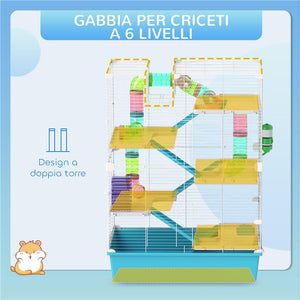 GABBIA PER CRICETI 6 LIVELLI CON TUNNEL RUOTA RAMPE CASETTA BOTTIGLIA E CIOTOLA 58X36X81 CM AZZURRO