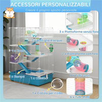 GABBIA PER CRICETI 6 LIVELLI CON TUNNEL RUOTA RAMPE CASETTA BOTTIGLIA E CIOTOLA 58X36X81 CM AZZURRO