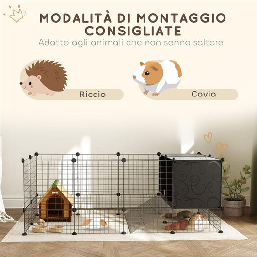 GABBIA PER ANIMALI PICCOLI MODULABILE CON CASETTE RIALZATE PER PORCELLINI D'INDIA E RICCI 140X70X52 CM NERO