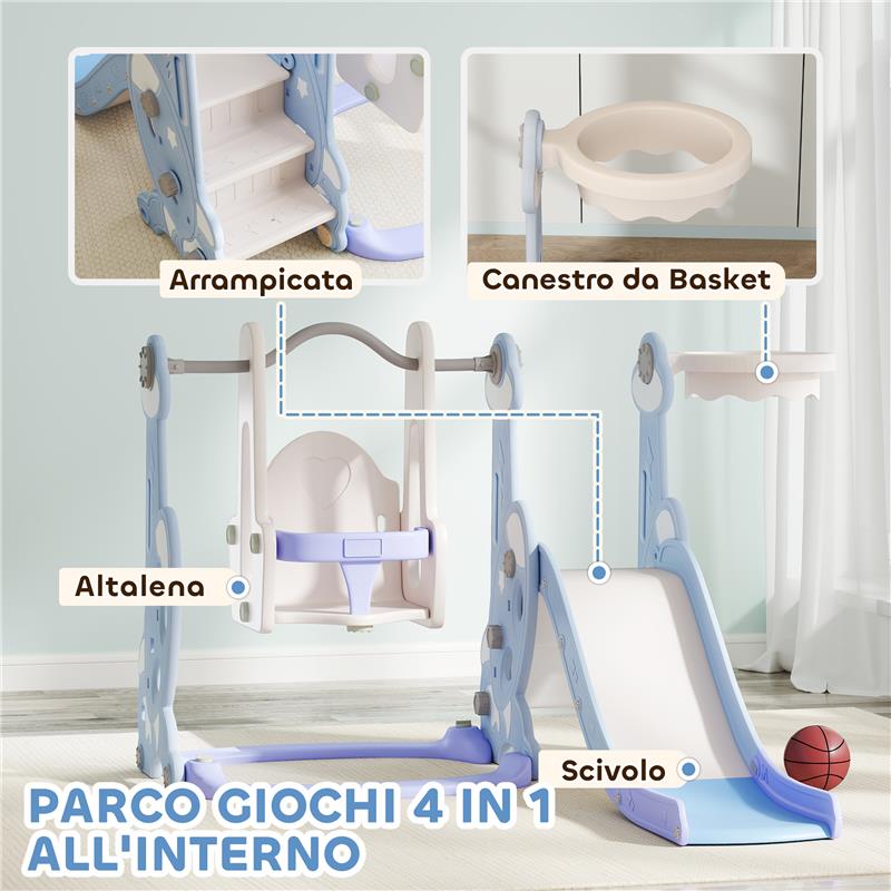 GIOCO PER BAMBINI 4 IN 1 CON SCIVOLO ALTALENA ARRAMPICATA E CANESTRO 147.5X160X107 CM AZZURRO CHIARO