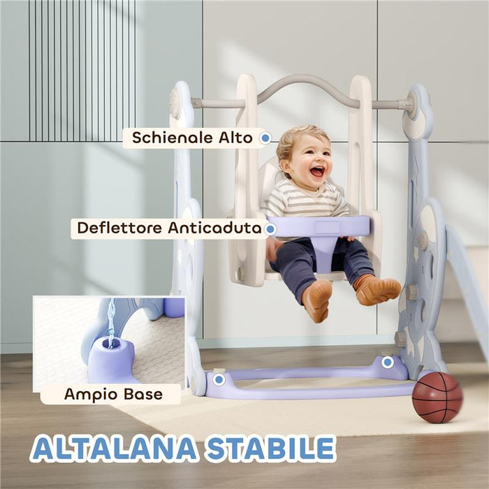 GIOCO PER BAMBINI 4 IN 1 CON SCIVOLO ALTALENA ARRAMPICATA E CANESTRO 147.5X160X107 CM AZZURRO CHIARO