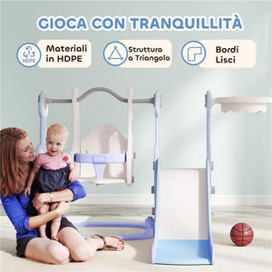 GIOCO PER BAMBINI 4 IN 1 CON SCIVOLO ALTALENA ARRAMPICATA E CANESTRO 147.5X160X107 CM AZZURRO CHIARO