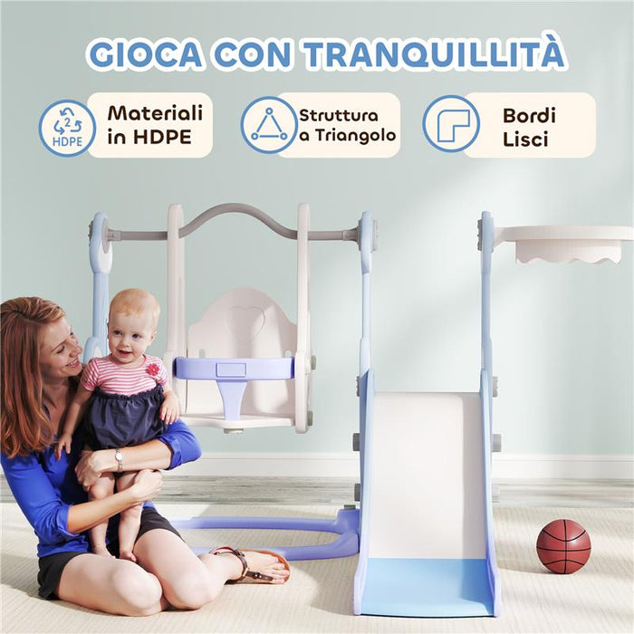 GIOCO PER BAMBINI 4 IN 1 CON SCIVOLO ALTALENA ARRAMPICATA E CANESTRO 147.5X160X107 CM AZZURRO CHIARO